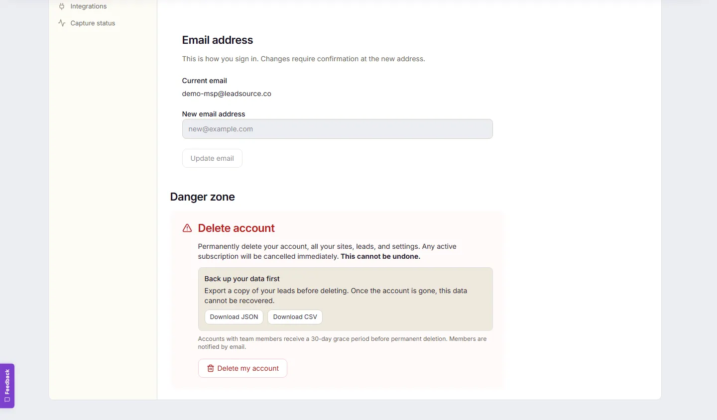 The Danger zone at the bottom of Settings → Profile. A "Delete account" panel warns that deletion is permanent and cancels any subscription, offers "Back up your data first" with Download JSON and Download CSV buttons, notes a 30-day grace period for accounts with team members, and shows a Delete my account button.