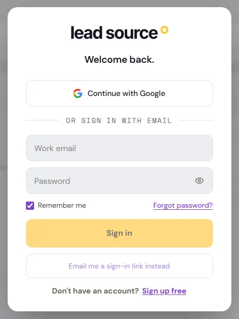 The Lead Source sign-in screen: a "Continue with Google" button, email and password fields, a "Remember me" checkbox, a "Forgot password?" link, a Sign in button, and an "Email me a sign-in link instead" option.