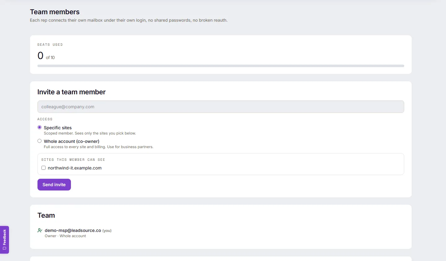 The Team members page: a "Seats used" card showing seats against a limit of 10, an "Invite a team member" form with an email field and Access options (Specific sites or Whole account co-owner) plus a site picker, and a Team list showing the account owner.